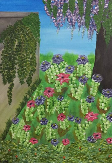 Painting titled "Dans le jardin" by Noura D.K, Original Artwork, Acrylic Mounted on Wood Panel