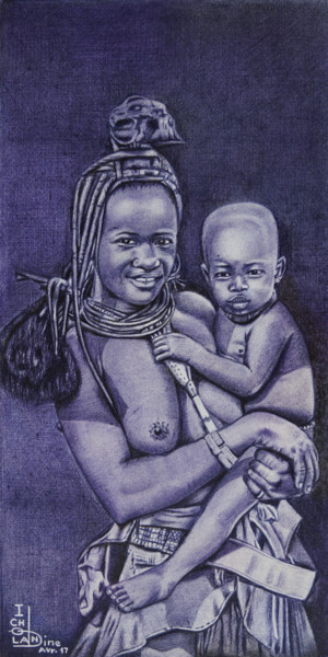 Dessin intitulée "Mère et enfant 1" par Nourou Dine Ichola, Œuvre d'art originale, Stylo à bille