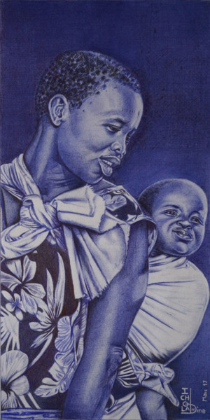 Dessin intitulée "Mère et enfant 2" par Nourou Dine Ichola, Œuvre d'art originale, Stylo à bille