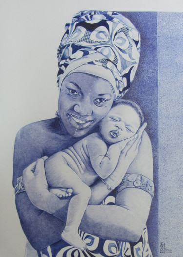 Dessin intitulée "Maternité" par Nourou Dine Ichola, Œuvre d'art originale, Stylo à bille