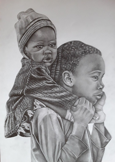 Tekening getiteld "Enfants 08" door Nourou Dine Ichola, Origineel Kunstwerk, Potlood