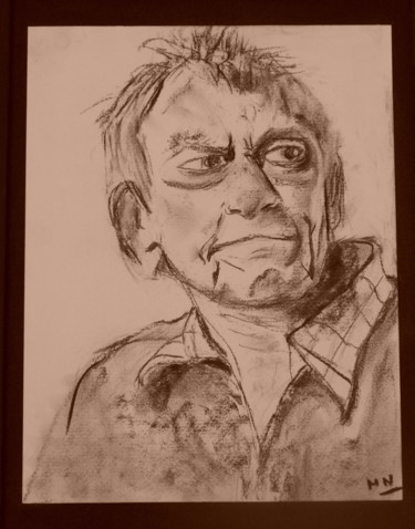 Drawing titled "GRAEME ALLWRIGHT" by Myriam Nouvel, Original Artwork, Charcoal Mounted on Cardboard