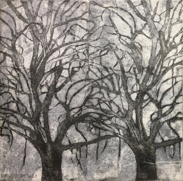 Printmaking titled "arbre jumeaux" by Laurence Nouzillat, Original Artwork, Ink Mounted on Wood Stretcher frame