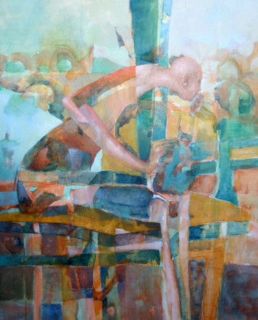 Peinture intitulée "l'homme à la fenêtre" par Laurence Nouzillat, Œuvre d'art originale, Huile Monté sur Châssis en bois