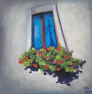 Dessin intitulée "Blue window" par Regina Grauberger, Œuvre d'art originale, Pastel