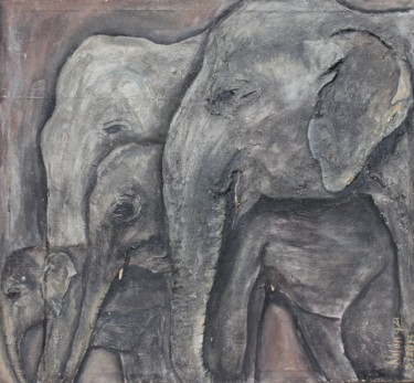 Картина под названием "Elephant family" - Nilanga Ranasinghe, Подлинное произведение искусства, Акрил