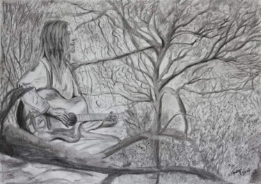 Pintura titulada "Under the tree." por Nilanga Ranasinghe, Obra de arte original, Carbón Montado en Bastidor de camilla de m…