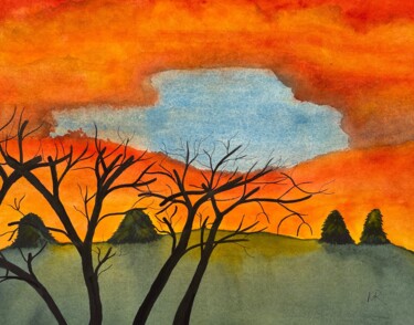 Painting titled "Christmas Sunrise" by Nancy Riedell, Original Artwork, Watercolor