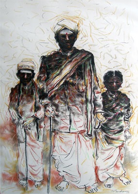 Painting titled "Father And Children" by Ns, Original Artwork