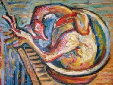 Картина под названием "At the Table" - Nsamojlova, Подлинное произведение искусства, Масло