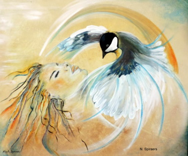 Painting titled "Fais comme l'oiseau…" by Nicole Spiraers, Original Artwork, Acrylic Mounted on Wood Stretcher frame