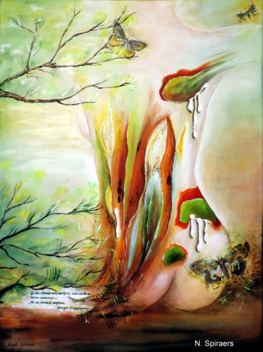 Painting titled "Cyprès et Papillons…" by Nicole Spiraers, Original Artwork, Acrylic Mounted on Wood Stretcher frame