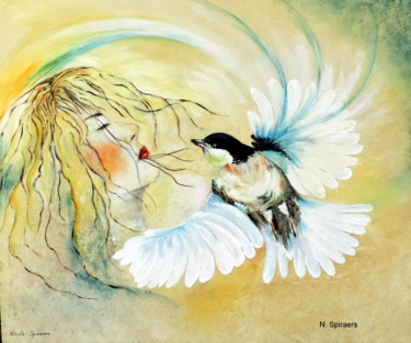 Painting titled "Fais comme l'oiseau…" by Nicole Spiraers, Original Artwork, Acrylic Mounted on Wood Stretcher frame