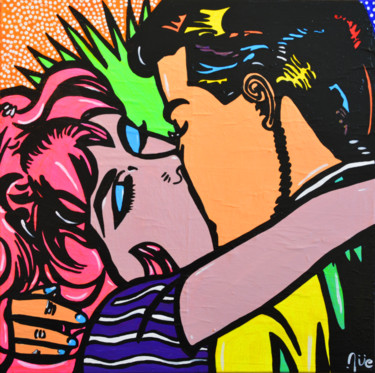 Painting titled "The colored Kiss- T…" by Antonella Castrovillari, Original Artwork, Acrylic Mounted on Wood Stretcher frame