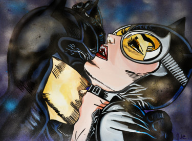 Painting titled "Batman & Catwoman K…" by Antonella Castrovillari, Original Artwork, Acrylic Mounted on Wood Stretcher frame