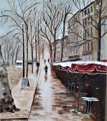 Pittura intitolato "Rue sous la neige" da Nunzia Alfano Bounakhla, Opera d'arte originale, Olio