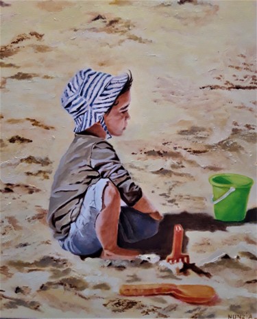 Peinture intitulée "Sur la plage" par Nunzia Alfano Bounakhla, Œuvre d'art originale, Huile