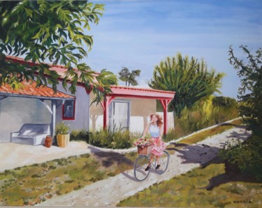 Painting titled "La promenade à vélo" by Nunzia Alfano Bounakhla, Original Artwork, Oil