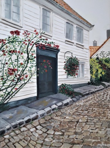 Painting titled "Village de pêcheur…" by Nunzia Alfano Bounakhla, Original Artwork, Oil