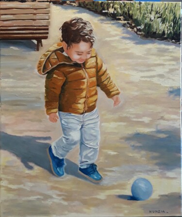 Painting titled "Le petit ballon bleu" by Nunzia Alfano Bounakhla, Original Artwork, Oil