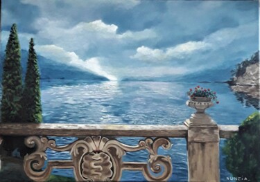Painting titled "Balcon sur lac" by Nunzia Alfano Bounakhla, Original Artwork, Oil