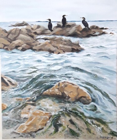Malerei mit dem Titel "Les cormorans" von Nunzia Alfano Bounakhla, Original-Kunstwerk, Öl