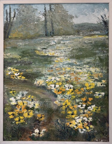 Schilderij getiteld "Flores blancas" door Nuria Candau, Origineel Kunstwerk, Olie Gemonteerd op Frame voor houten brancard