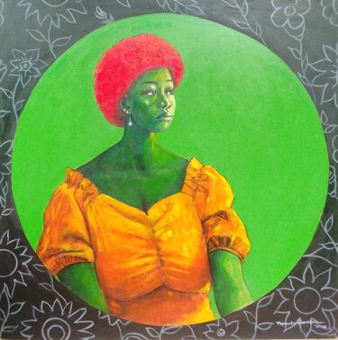 Painting titled ""within her thought…" by Nurudeen Popoola, Original Artwork, Acrylic Mounted on Wood Stretcher frame