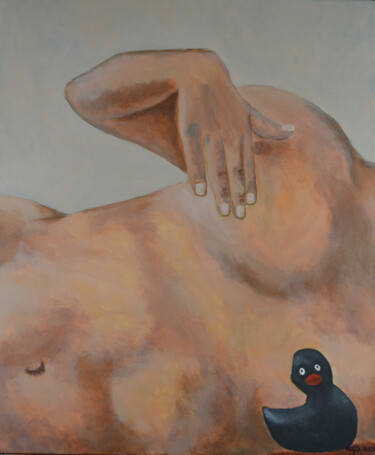 Painting titled "Le canard" by Nusch, Original Artwork, Acrylic Mounted on Wood Stretcher frame