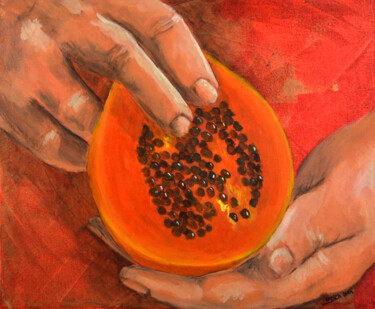 Картина под названием "La papaya" - Nusch, Подлинное произведение искусства, Акрил Установлен на Деревянная рама для носилок