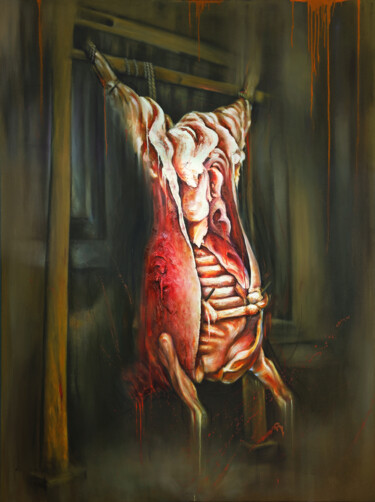 Painting titled "The Slaughtered Ox…" by Nusret Aktay, Original Artwork, Oil Mounted on Wood Stretcher frame