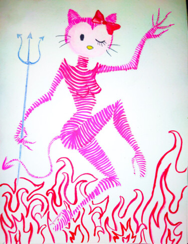 Peinture intitulée "Hell-O-Kitty" par Nyarlathotep, Œuvre d'art originale, Crayon