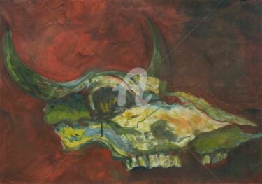 Painting titled "Crâne bovin" by Nyna Loupiac, Original Artwork, Oil