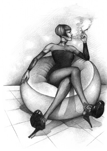 Drawing titled "Woman smoking" by O-Hido Sonia Art, Original Artwork, Graphite