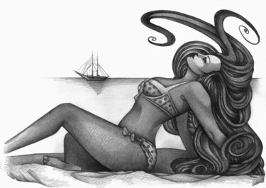 Drawing titled "Dreaming of the sea" by O-Hido Sonia Art, Original Artwork, Graphite