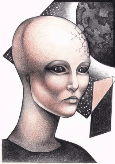 Dibujo titulada "Little alien" por O-Hido Sonia Art, Obra de arte original, Conté