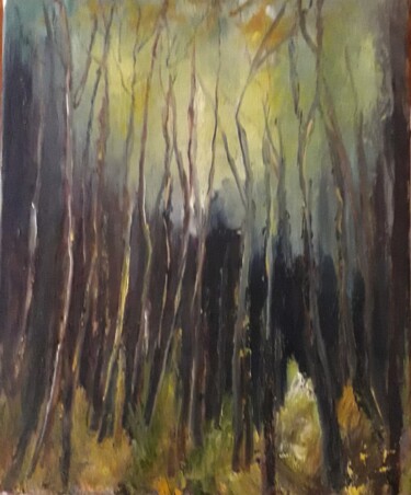Painting titled "La Clairière Verte" by Odile Jacenko, Original Artwork, Oil Mounted on Wood Stretcher frame