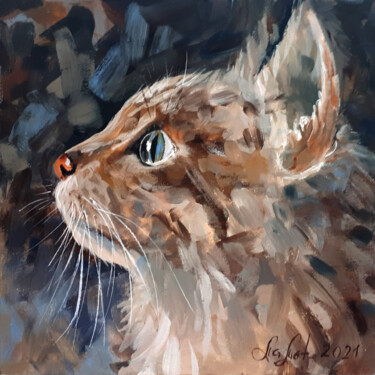 Pintura intitulada "Neugierige Katze" por O. Motik, Obras de arte originais, Óleo