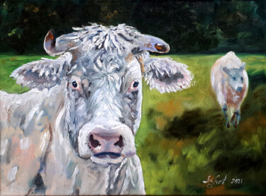 Malerei mit dem Titel "Weiße Kuh" von O. Motik, Original-Kunstwerk, Öl