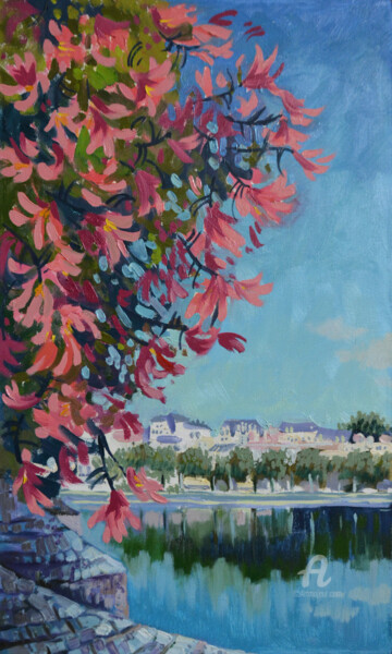 Картина под названием "Pink flowers. View…" - Olga Sto, Подлинное произведение искусства, Масло Установлен на Деревянная рам…