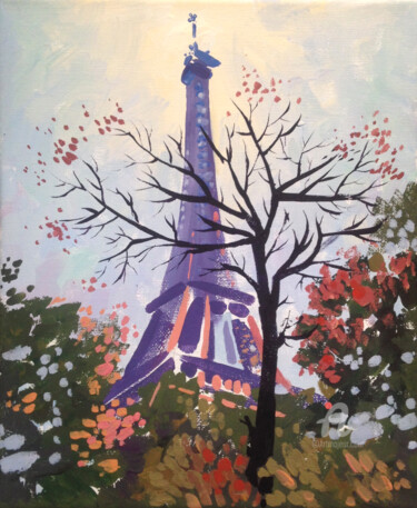 Painting titled "Paris, autumn, morn…" by Olga Sto, Original Artwork, Tempera Mounted on Wood Stretcher frame