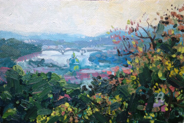 Painting titled "Prague, view from t…" by Olga Sto, Original Artwork, Oil Mounted on Wood Stretcher frame
