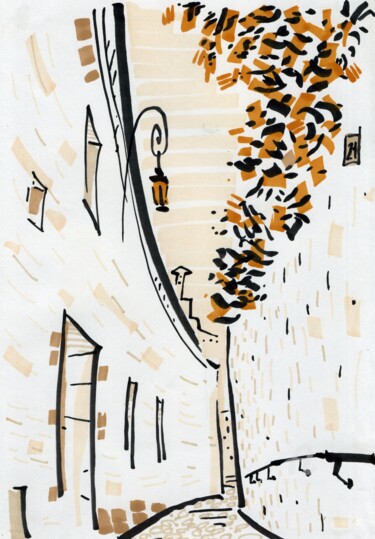 Peinture intitulée "A narrow street in…" par Olga Sto, Œuvre d'art originale, Marqueur