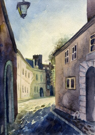 Painting titled "Old street in the F…" by Olga Sto, Original Artwork, Watercolor