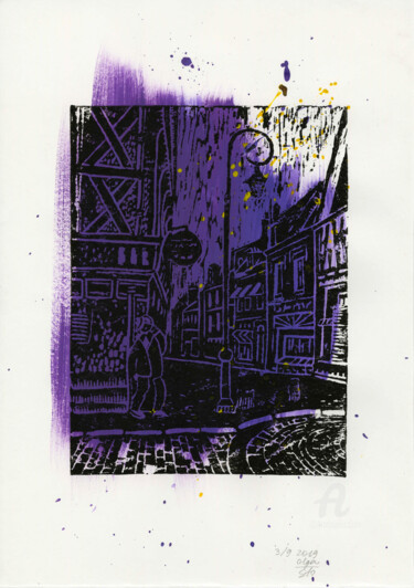 Printmaking titled "THE MAN WITH THE PH…" by Olga Sto, Original Artwork, Linocuts