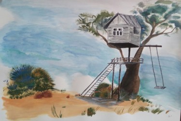 Painting titled "Tree house" by Öykünur Avcı, Original Artwork, Gouache