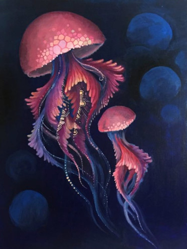 Peinture intitulée "TWO JELLYFISH" par Olga, Œuvre d'art originale, Huile