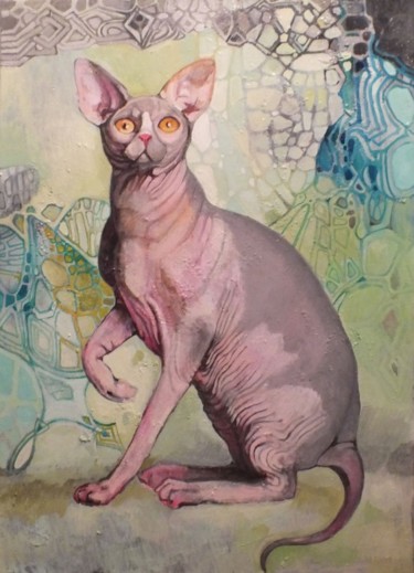 Painting titled "Cat" by Olga, Original Artwork, Oil
