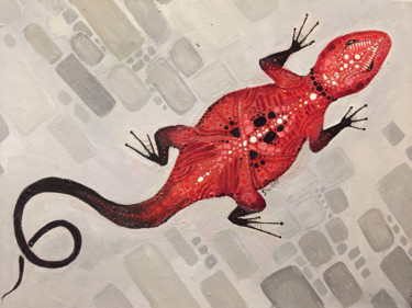 Painting titled "Red Lizard" by Olga, Original Artwork, Oil