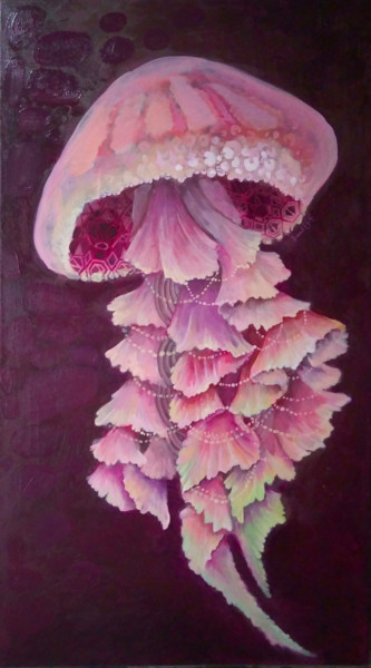 Painting titled "Pink jellyfish" by Olga, Original Artwork, Oil
